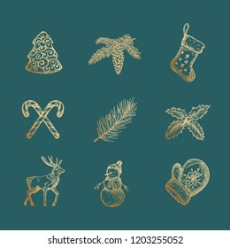 Classy Merry Christmas and Happy New Year Abstract Vector Signs, Labels or Icons Set. Hand Drawn Reindeer, Tree, Snowman, Cookie, Candy Canes and Sock Sketches. Golden Glitter on Green Background.