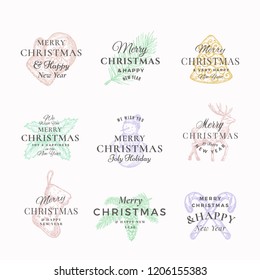 Classy Merry Christmas and Happy New Year Abstract Vector Labels or Logo Templates Set. Hand Drawn Reindeer, Tree, Snowman, Cookie, Candy Canes and Sock Sketches with Retro Typography. Isolated
