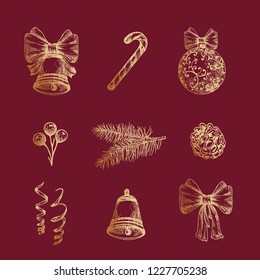 Classy Merry Christmas and Happy New Year Abstract Vector Signs, Labels or Icons Set. Hand Drawn Ball, Ribbons, Bell, Streamer, Candy Cane and Holly Berries Sketches. Golden Glitter on Red Background.