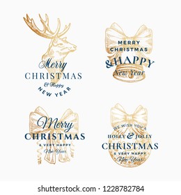 Classy Merry Christmas and Happy New Year Abstract Vector Signs, Labels or Logo Templates Set. Hand Drawn Reindeer, Ball, Streamers, Bell and Ribbons Sketches with Retro Typography. Isolated.