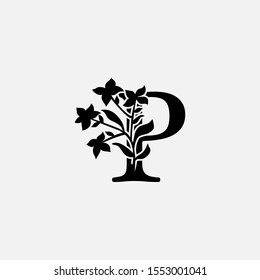 Classy Nature Initial letter P vintage Logo Icon. Design Concept Monocrome leaves Logo Icon black color  recomended for boutique,restaurant, wedding service, hotel or business identity.