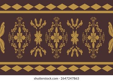 Classy Old Money Medieval Style with Gold Scroll Ornament on Brown Background. Delicate Exotic Damascus Fleur de lis Detailed and Geometric give Honor Expensive Royal Look suit for Embroidery Textiles