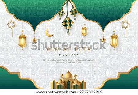 Classy Ramadan Kareem greeting design on white background with ketupat, mosque, gold ornament star, moon and lanterns. Suitable for raya and ramadan template concept.