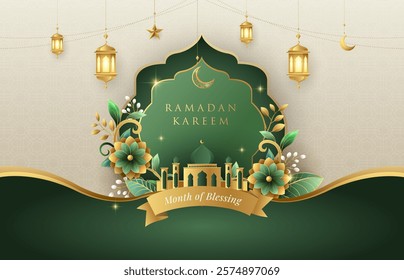 Classy Ramadan Kareem poster design template with flowers and gold islamic lanterns, star and moon. Suitable for raya and ramadan template concept.