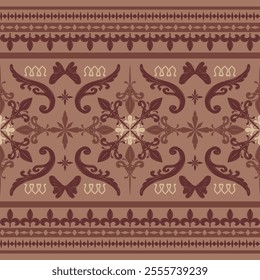 Classy Royal Brown Florals Butterfly Scroll Ornament Pattern. Elaborate Cocoa Mocha Mousse Embroidey Victorian Style Seamless Vector for Luxury Design Men's Wear Attire Necktie Decoration Rich Border