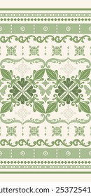 Classy Royal Green Four Leaves Clover Design on Beige Pattern. Brocade Embroidery ornament for Rich and Elegant Design for Luxury Apparel Haute Couture. Fleur de lis Exquisite Silk, hand weaves, noble