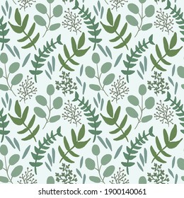 Classy sage green greenery vector pattern. Seamless hand drawn pattern of different botanical plants. Perfect for a spa wedding or salon.