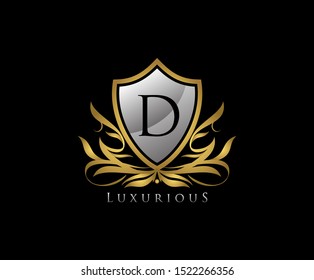 Classy Shield D Letter Logo. Gold Vintage Shield With D Letter prefect for boutique, hotel, restaurant, wedding and other vintage business. 