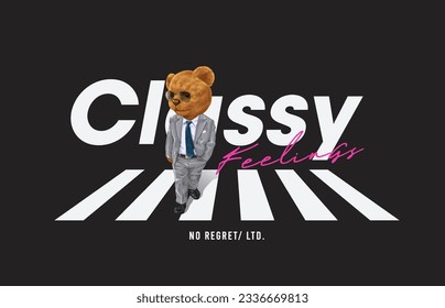 slogan elegante con juguete de oso en traje de negocios, ilustración vectorial para camiseta.