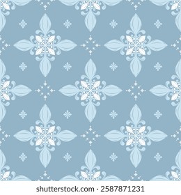 Classy Starry Detailed Wallpaper Glamorous Scroll Ornate Florals Luxury Design Element Seamless Pattern on Light Blue Denim Tone. Delicate Victorian Medieval Design for Opulence Rich Fabrics Textiles