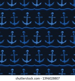 Classy stripe anchor with rope seamless vector pattern. Hand drawn ocean sailing tile. All over print for seafaring blog, nautical graphic textiles, beach wear, sailor home decor. Maritime ocean style