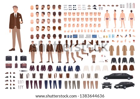 Classy stylish man in suit creation set or constructor kit. Bundle of body parts, poses, faces, emotions, formal clothes. Male cartoon character. Front, side, back views. Flat vector illustration.