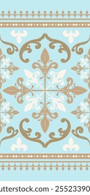 Classy Timeless Graceful Gold Shade and Beige Scroll Ornate Pattern On Pastel Blue Background. Elaborate Exquisitely Seamless Pattern Vector. Luxury Border for high-end decor interior design,  textile