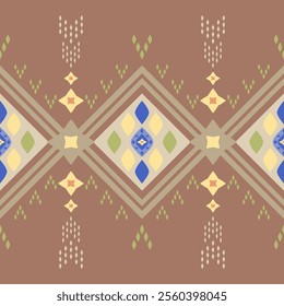 Classy Tribal Version Mocha Mousse Background. Light Color Shade of Yellow Embroidery Silk Weaves. Geometric Ethnic Greek Style Decoration with Colorful Diamond Pattern. Traditional Seamless Vector