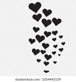  Classy vector illustration, black heart love confetti. Valentine's day explosion on a fabulous background. Stitched paper heart confetti falling on tranparent white background.