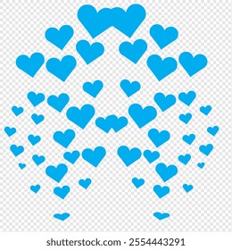  Classy vector illustration, blue heart love confetti. Valentine's day explosion on a fabulous background. Stitched paper heart confetti falling over transparent white background.