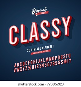 'Classy' Vintage 3D Sans Serif Condensed Alphabet with Rich Colors. Retro Typography. Vector Illustration.