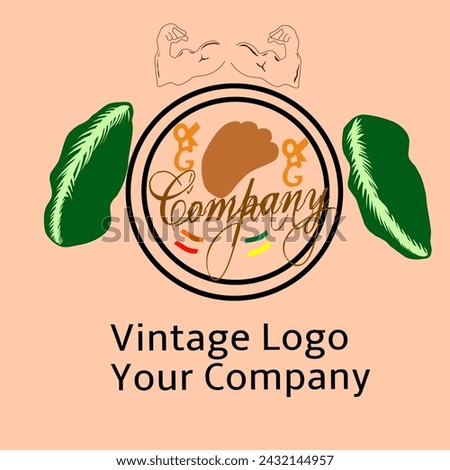 classy vintage logo vector with circle object with pkg monogram logo namely fan fried banana with two banana leaves and a muscular hand on top of the logo object
