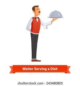 Classy waiter in a bow-tie serving a dish in a silver platter with lid. Flat style illustration. 