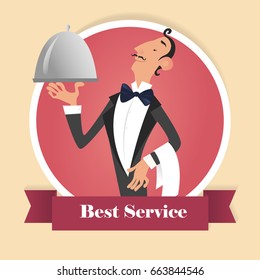 Classy waiter in a bowtie serving a dish in a silver platter with lid icon. Vector illustration.