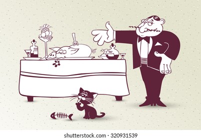 Classy waiter serving a dish. Restaurant retro design.