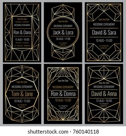 Classy wedding invitation cards with diamond golden geometric frames vector set. Wedding card invitation in vintage luxury style illustration