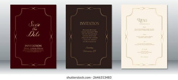 Classy wedding invitation and menu set featuring gold decorative borders on burgundy, dark brown, and cream backgrounds. Perfect for formal, vintage, and luxury wedding designs.