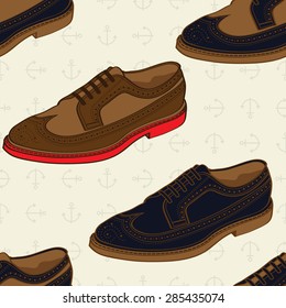 Classy Wingtip / Longwing Brogue leather shoes for man seamless pattern in vector