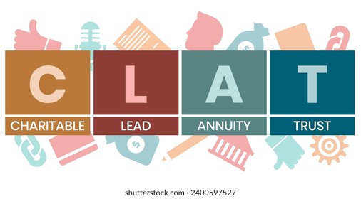 CLAT, acrónimo de Charitable Lead Annuity Trust. Concepto con palabras clave e iconos. Ilustración vectorial plana. Aislado sobre fondo blanco.