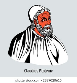 Claudius Ptolemy war ein verstorbener hellenistischer Astronom, Astrologe, Mathematiker, Mechaniker, Optiker, Musiktheoretiker und Geograf. Vektorgrafik, handgezeichnet.