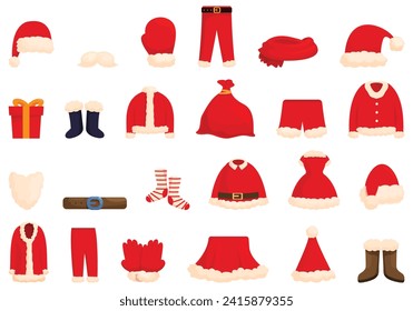 Claus dress suit icons set cartoon vector. Santa clothes. Shoes winter coat