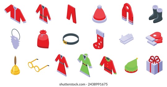 Claus dress suit icons set isometric vector. Santa jacket and bag. Winter holidays
