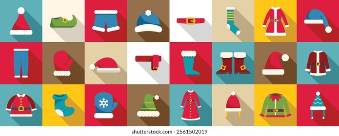 Claus dress suit icons set. Colorful christmas icons represent festive clothing and accessories, capturing the holiday spirit