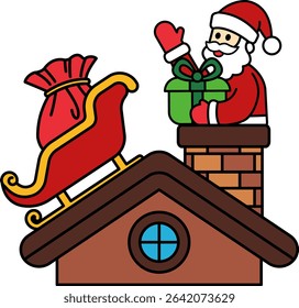 Claus holding a gift on chimney and a sleigh