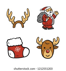claus icon set. vector set about reindeer, christmas sock and santa claus icons set.