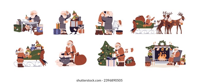 Claus set. Santa writing letter, drives sleigh with reindeers, give xmas gifts from bag, leaves presents under christmas tree. Elves rest near fireplace. Flat isolated vector illustration on white