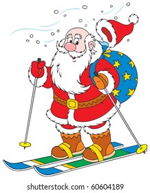 Claus skiing with Christmas presents in his bag