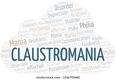 Claustromania word cloud. Type of mania, made with text only.