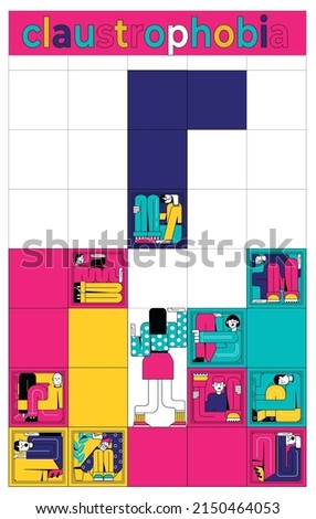 Claustrophobia abstract background drawn into squares with people trapped in confined space flat vector illustration