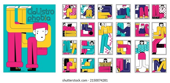 Claustrophobia abstract composition with people in uncomfortable poses in small enclosed space flat vector illustration