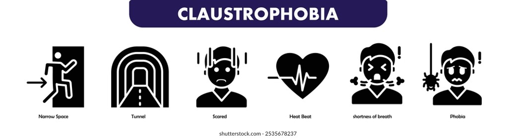 Claustrofobia banner web icon vetor ilustração conceito com ícone de espaço estreito, túnel, assustado, batimento cardíaco, falta de ar, fobia