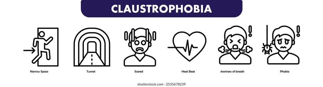 Claustrofobia banner web icon vetor ilustração conceito com ícone de espaço estreito, túnel, assustado, batimento cardíaco, falta de ar, fobia