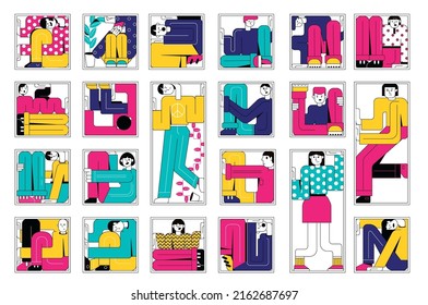 Claustrophobia color set of people in twisted poses locked in small place flat vector illustration