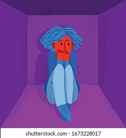 Claustrophobia fear of closed space and no escape vector illustration, girl is closed in small room space and scared in panic attack.