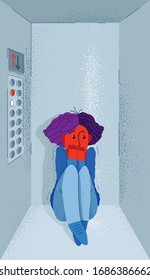 Claustrophobia fear of closed space and no escape vector illustration, girl is closed in elevator and scared in panic attack.