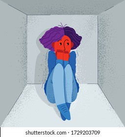 Claustrophobia fear of closed space and no escape vector illustration, girl is closed in small room space and scared in panic attack.