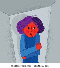 Claustrophobia fear of closed space and no escape vector illustration, girl is closed in small room space and scared in panic attack.