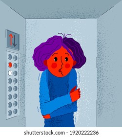 Claustrophobia fear of closed space and no escape vector illustration, girl is closed in elevator and scared in panic attack.