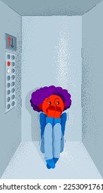 Claustrophobia fear of closed space and no escape vector illustration, boy is closed in elevator and scared in panic attack.