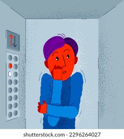 Claustrophobia fear of closed space and no escape vector illustration, boy is closed in elevator and scared in panic attack.